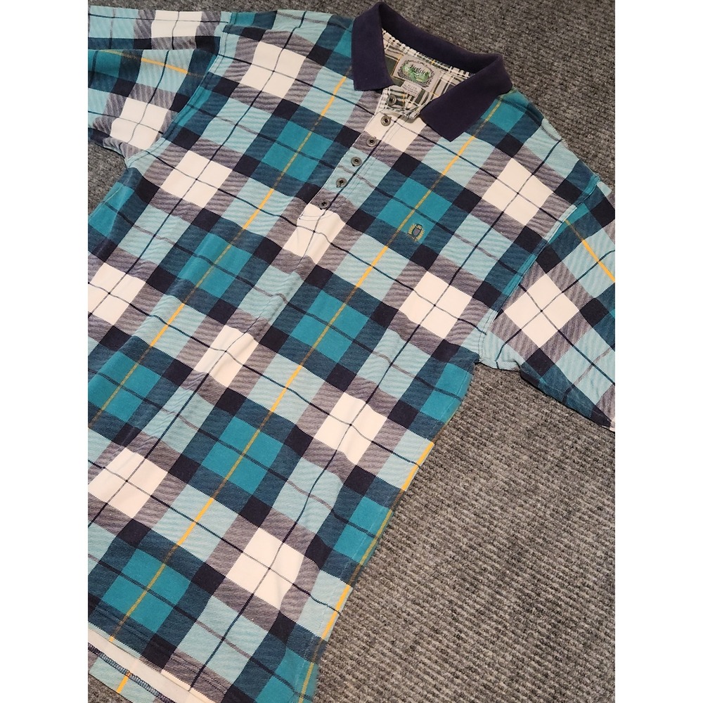 Siegfried Mens XL Plaid Polo Shirt Teal Navy White Cotton Short Sleeve Vintage